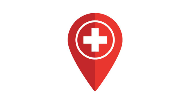 Red location pin with white medical cross symbol for healthcare navigation.
