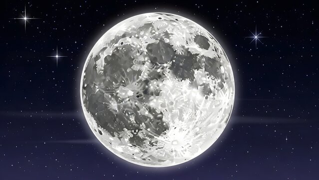 A full moon glows brightly in the dark space surrounded by stars and subtle light effects as seen from Earth