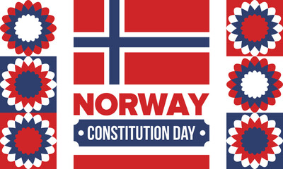 Obraz premium Norway Constitution Day. Happy holiday, celebrated annual in May 17. Norwegian flag. Norway independence and freedom. Patriotic poster. Festive and parade design. Vector illustration