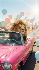 Majestic Lion Enjoying the Breeze in a Vibrant Pink Convertible Surrounded by Floating Pastel Balloons on a Clear Sunny Day