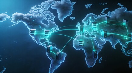 Distributed Cloud Infrastructure and Content Delivery Network CDN Concept with Server Icons Connected Across Global Map.