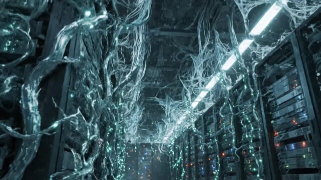 Electricity flows through server racks in a data center, captured from a low-angle viewpoint