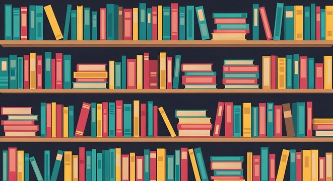 A vibrant illustration of a bookshelf filled with books of various colors and sizes. The books are arranged on wooden shelves against a dark background.