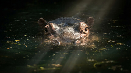 Fototapeta premium A majestic hippopotamus emerges from dark water, its eyes peering through shafts of sunlight.