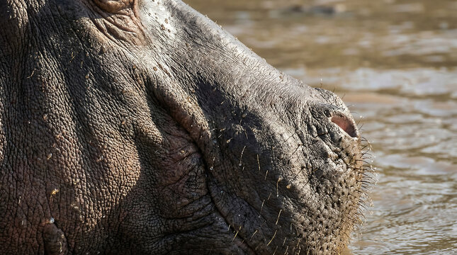Extreme close-up of a wrinkled hippopotamus face showcasing its rough skin texture and detailed features