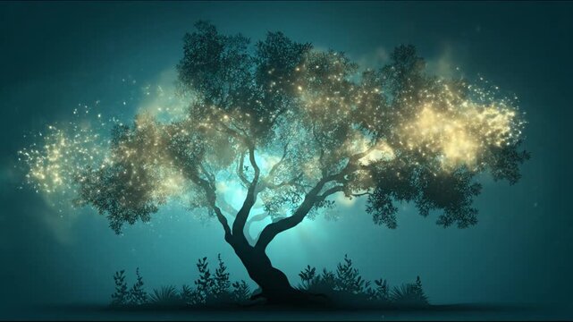 A luminescent tree, backlit by a bright light, stands in a misty and teal-colored forest