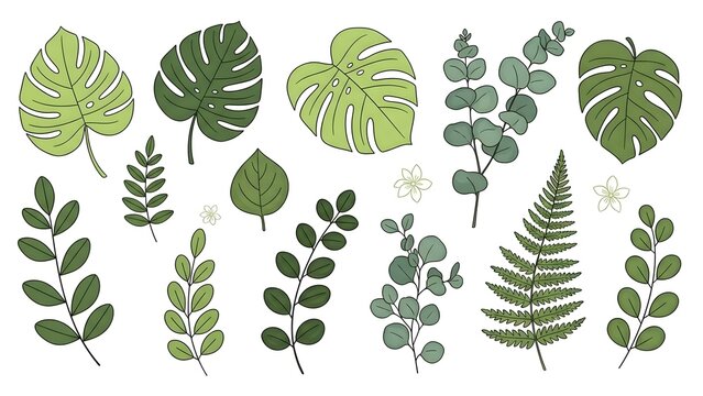 Hand-drawn botanical collection featuring a variety of lush green leaves, tropical foliage, and natural elements, ideal for elegant design projects and serene aesthetics