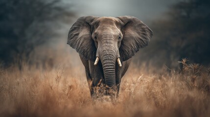 Obraz premium Majestic elephant walking through golden grassland in african savannah