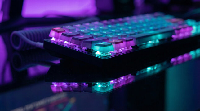 A close-up, shallow depth of field shot of a mechanical keyboard with glowing neon violet and teal backlighting, reflecting off a dark glass desk.