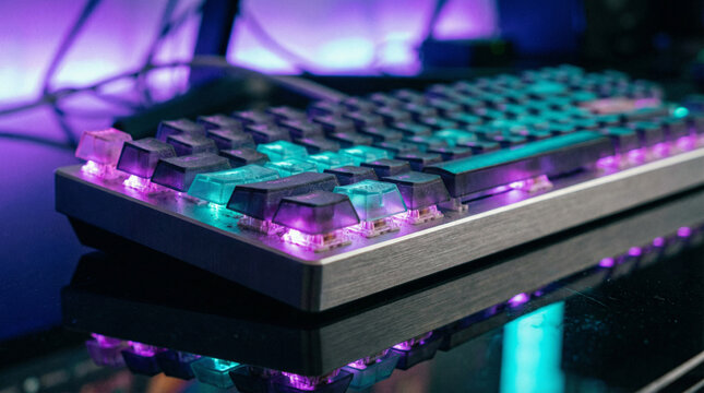 A close-up, shallow depth of field shot of a mechanical keyboard with glowing neon violet and teal backlighting, reflecting off a dark glass desk.