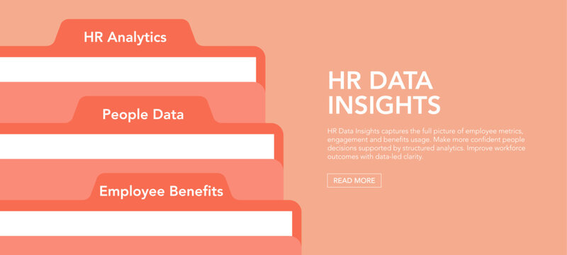 HR data insights, employee metrics folders with categorized records for analytics, people data organization and workforce benefits overview on background fat vector illustration.