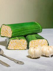 Tempeh wrapped in banana leaves with a marble background. Tempeh is a traditional Indonesian food made from soybeans. It is beneficial for health.