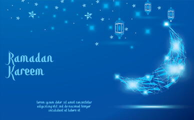 Ramadan Kareem Background with Glowing Crescent Moon and Lanterns