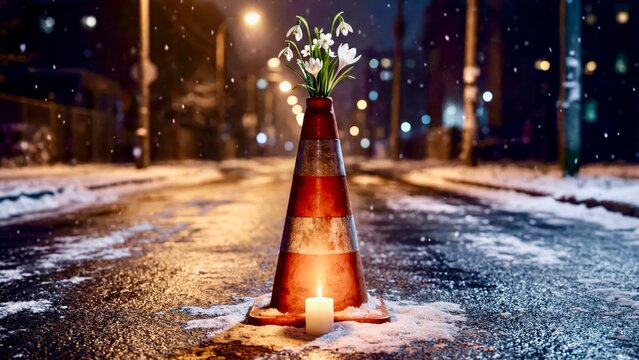 Tiny Snowdrops Flowers Blooming in a Rusty Cone &ndash; A Quiet Rebellion of Hope Against the Winter Night ❄️🌸🧡🕯️