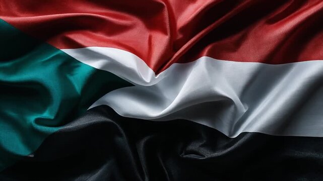 A close-up view of a flag with red, white, green, and black sections waving in the wind