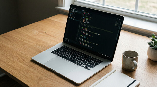 A high-angle shot of a sleek silver laptop on a white oak desk, showing a screen with clean, organized lines of Python code in a dark mode editor