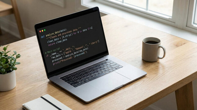 A high-angle shot of a sleek silver laptop on a white oak desk, showing a screen with clean, organized lines of Python code in a dark mode editor.