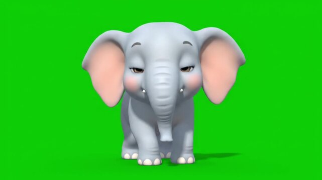 Adorable cartoon baby elephant with sleepy eyes on a vibrant green screen background, perfect for animation projects
