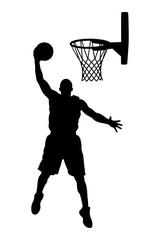 Silhouette of a basketball player executing a powerful slam dunk against hoop © Avijit
