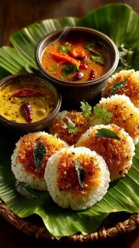 Coconut-crusted rice balls served with two flavorful curries (one spicy chili-based and one savory yellow curry) on a banana leaf.