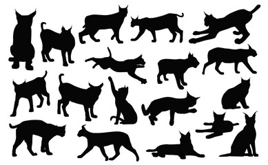 Obraz premium Lynxes Cat Silhouette Collection: A diverse collection of wild Lynxes & Caracals cat silhouettes showcasing various poses, from playful leaps to contemplative postures