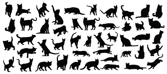 Obraz premium Silhouette of Domestic Cats in Various Poses: A captivating assortment of cat silhouettes in diverse poses, ideal for conveying agility, playfulness, and the mysterious charm of felines.