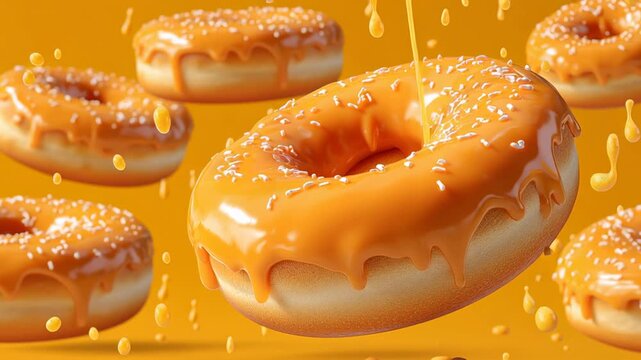Glossy glazed donut floating on bright yellow background with dripping icing and sprinkles, playful minimal food concept, sweet dessert advertising style