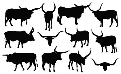 Ankole Cattle Silhouettes: A striking collection of silhouetted Ankole cattle showcasing the elegant horns, illustrating the beauty of this unique breed.  © Saiid-Designs