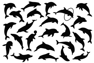 Obraz premium Dolphin Silhouette Collection: An artistic composition showcases a stunning array of playful dolphin silhouettes, each dynamically posed, creating a visually captivating display.