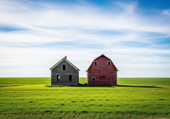 Obraz premium Traditional rustic red barn and abandoned wooden farmhouse structure standing together in a wide expansive green agricultural field landscape under a bright sky, agriculture, open, wooden