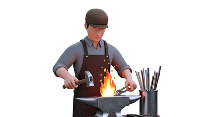 Blacksmith Working at Anvil with Hammer and Tongs