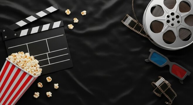 Movie Night Essentials - Popcorn, Clapperboard, Film Reel, and 3D Glasses.