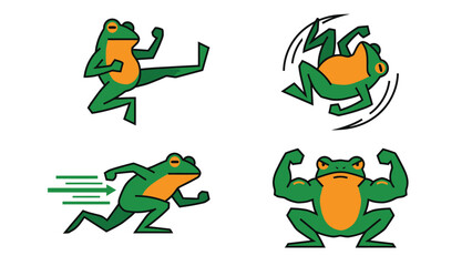 Naklejka premium Vibrant Cartoon Frog Actions: Kicking, Spinning, Running, and Strong Muscles