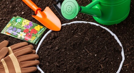 Gardening tools and soil ready for planting flowers.