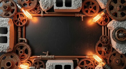 Steampunk Frame with Gears, Pipes, and Edison Bulbs on Black Background.