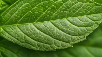 Obraz premium Extreme Close up of a Fresh Green Leaf Showing Sharp Vein Details in Natural Light