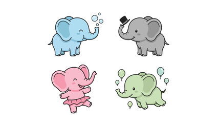 Obraz premium Sweet Cartoon Elephants Vector Set: Bubbles, Top Hat, Ballerina, Balloons