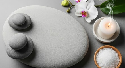 Spa still life with stones, candle, salt and orchid flower.