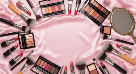 Elegant Makeup Arrangement on Pink Satin Fabric.