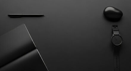 Minimalist Black Desk Setup with Notebook, Pen, Stone, and Watch.