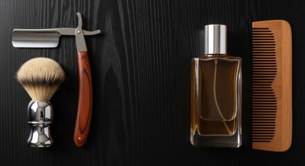 Mens Grooming Essentials - Razor, Brush, Cologne, and Comb on Dark Wood.