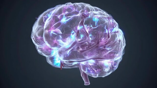 Transparent 3D model of a human brain with glowing neurons firing blue and pink energy.