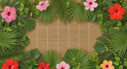 Tropical floral frame with hibiscus flowers and palm leaves on bamboo background.