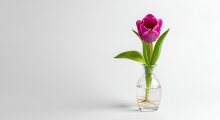 Fototapeta premium A vibrant fuchsia tulip stands elegantly in a clear glass vase with visible roots, its delicate petals and fresh growth highlighted against a pristine white background, symbolizing natural beauty
