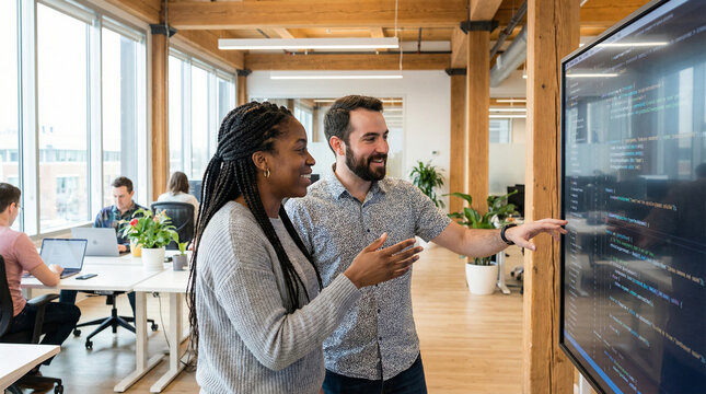 Two diverse software engineers discussing code in front of a large vertical monitor in a bright, modern open-plan office.