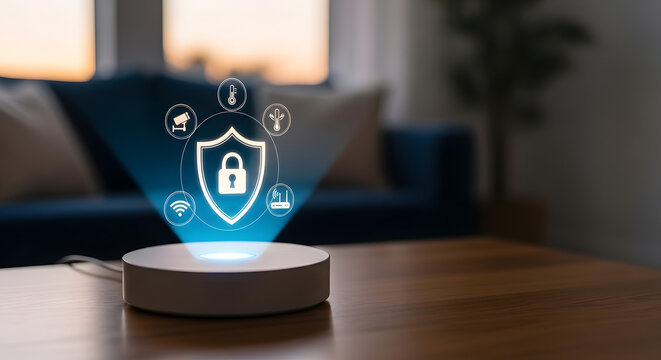 Smart home hub device with security hologram in living room