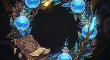 Enchanted Wreath with Potions and Spellbook - A Magical Still Life.