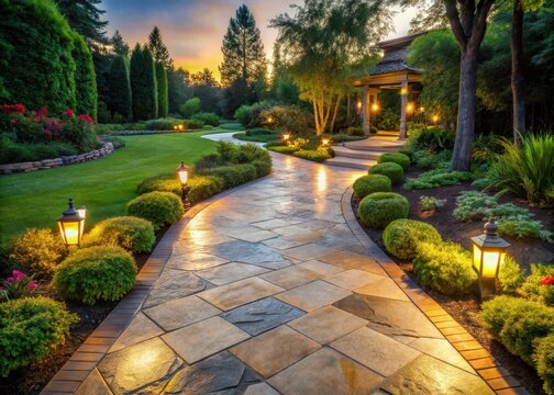 Timeless elegance is reflected in this beautifully crafted stamped concrete flagstone path leading to a serene outdoor oasis