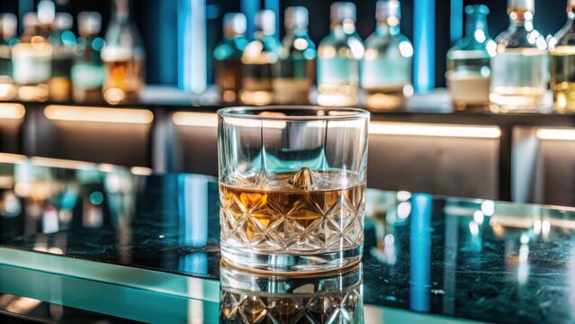 A glass of whiskey adds a touch of sophistication to any evening, as it sits atop a polished bar counter
