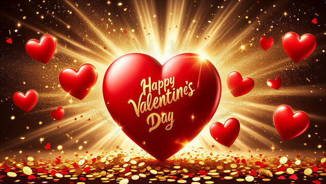 Un gran coraz&oacute;n rojo brillante dice "Happy Valentine's Day" rodeado de corazones peque&ntilde;os, luces doradas, destellos y monedas de oro que celebran el amor y el D&iacute;a de San Valent&iacute;n.